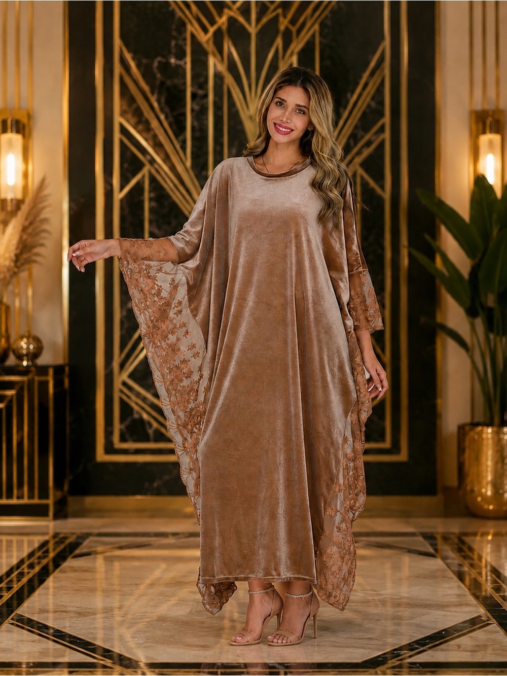 Luxury Stretch Caramel Color Velvet Kaftan with Lace One Size Fits Most